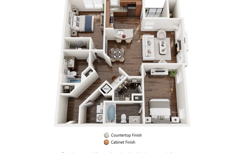 Jasmine-Renovated - 2 bedroom floorplan layout with 2 bathrooms and 1186 square feet (Standard Layout)
