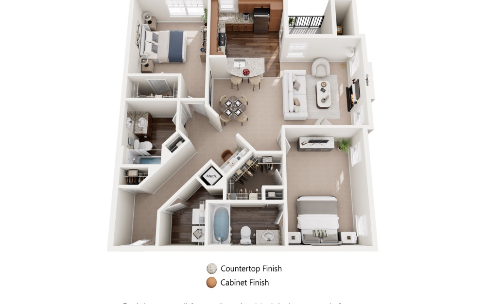 Jasmine-Renovated - 2 bedroom floorplan layout with 2 bathrooms and 1186 square feet (Alternate Layout)