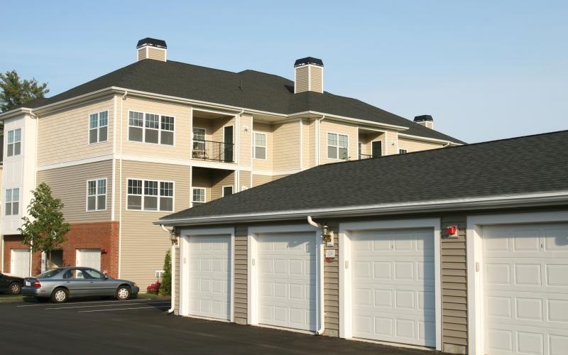 a large building with garages